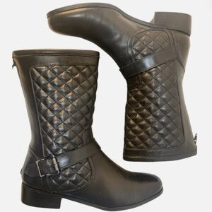 Black Leather Quilted Boots Mid Calf Minimalist Moto Style Back Zip 7.5 EUC